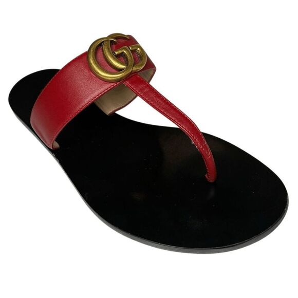 Gucci Marmont GG Logo T-Strap Thong Sandals Red Leather Flats EU 37 US 7